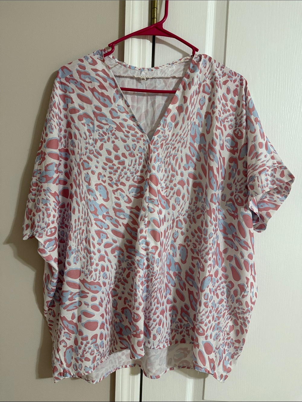 Light Pink & Blue Animal Print V-Neck Women’s Top